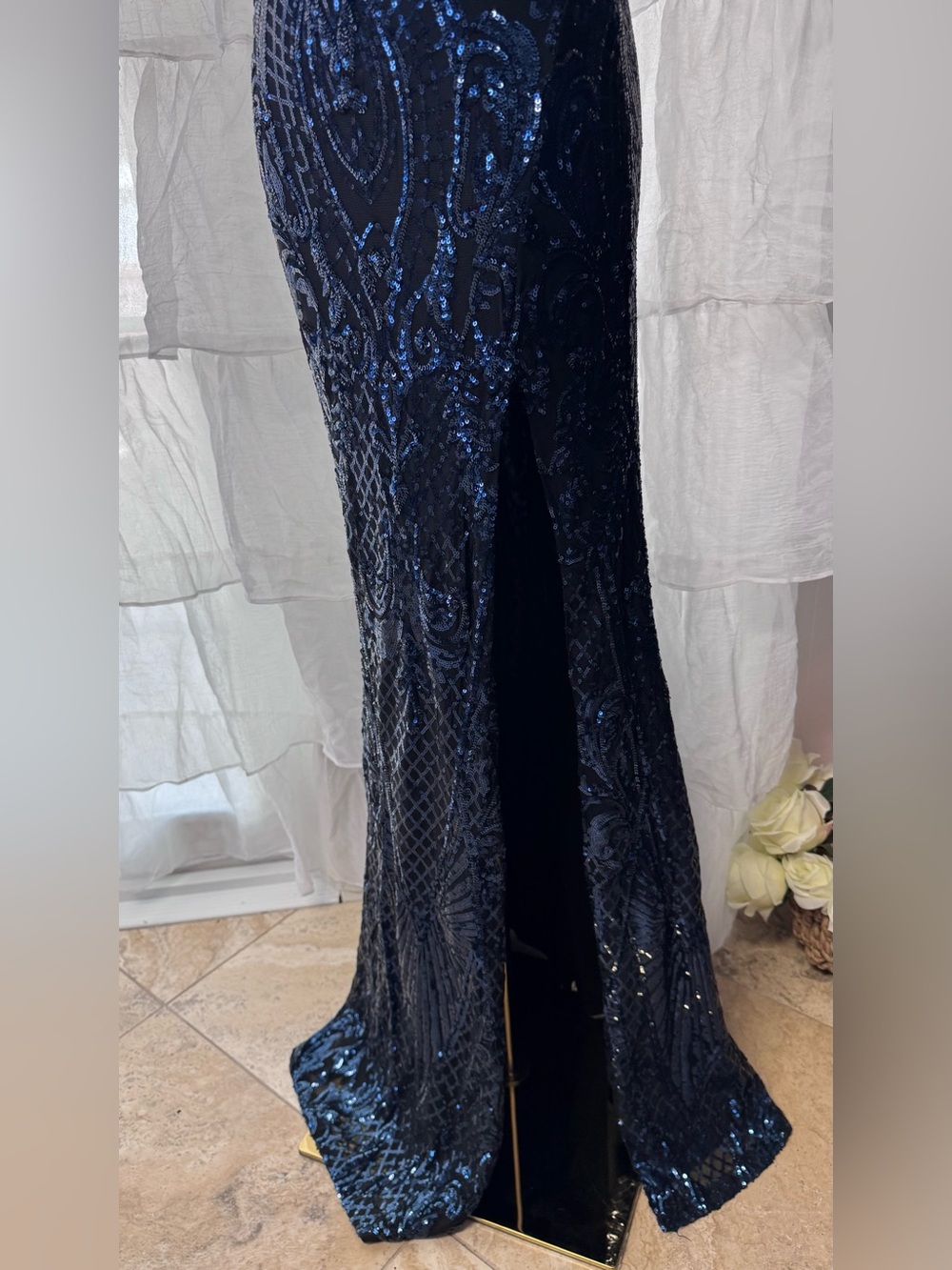 Windsor Navy Sequin Halter Gown with Thigh Slit - Picture 13 of 16